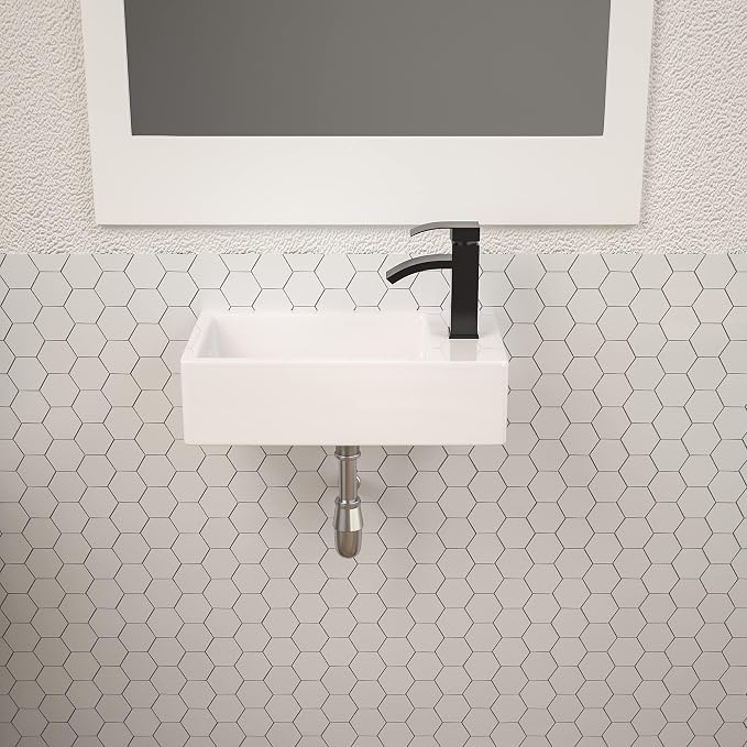 Dcolora 18x10 Inch Floating Vessel Sink, Small Wall Mounted Right Hand Bathroom Sink, White Ceramic Porcelain Rectangle Basin for Bathroom