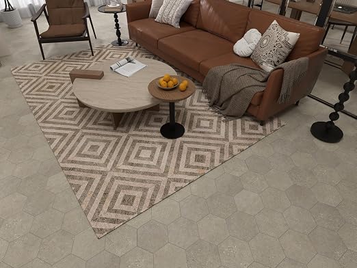W&S 24-Sheets Brown Grey Hexagon Peel and Stick Floor Tile, Faux Stone Stick on Backsplash for Kitchen, Self Adhesive Waterproof Flooring Tiles for Dining Room, Bedrooms