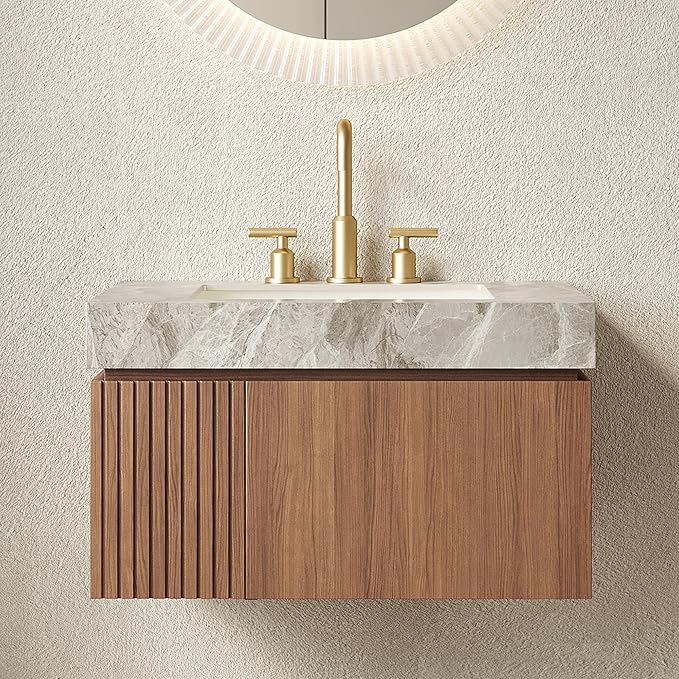 30” Floating Bathroom Vanity with Sink, Wall-Mounted Cabinet with Drawer & Doors, Gray Travertine-Pattern Sintered Stone Top, Undermount Basin, 3 Faucet Hole, Soft-Close, Pre-Assembled, Brown Oak