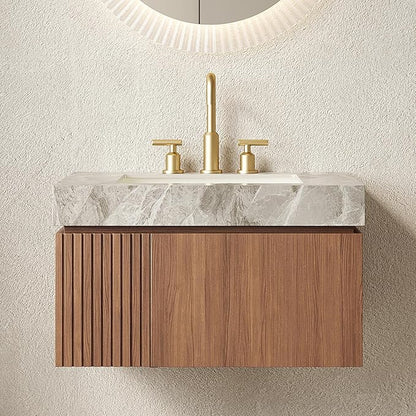 30” Floating Bathroom Vanity with Sink, Wall-Mounted Cabinet with Drawer & Doors, Gray Travertine-Pattern Sintered Stone Top, Undermount Basin, 3 Faucet Hole, Soft-Close, Pre-Assembled, Brown Oak