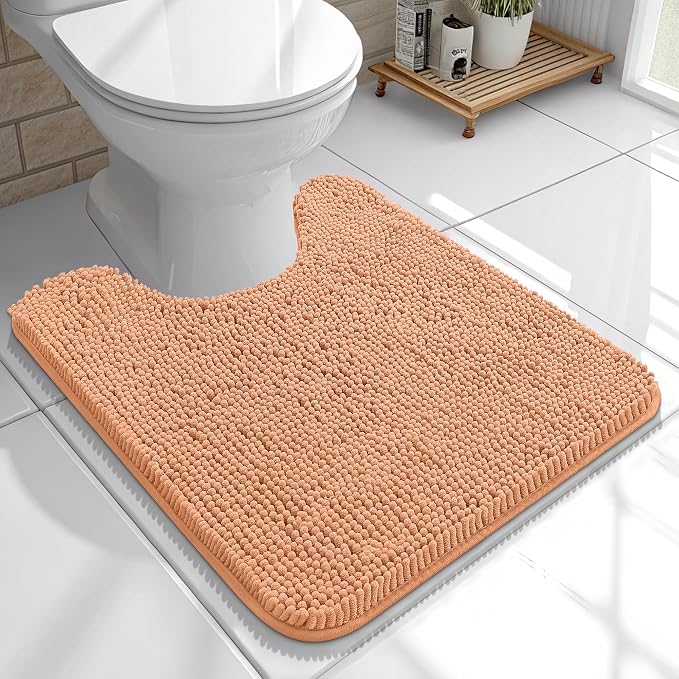 OLANLY Toilet Rugs U-Shaped 20x20, Soft Absorbent Chenille Contour Rugs | Peach, Quick-Drying Rubber Backing, Machine Washable Non-Slip Shaggy Bathroom Mat for Toilet, Home Decor Accessories