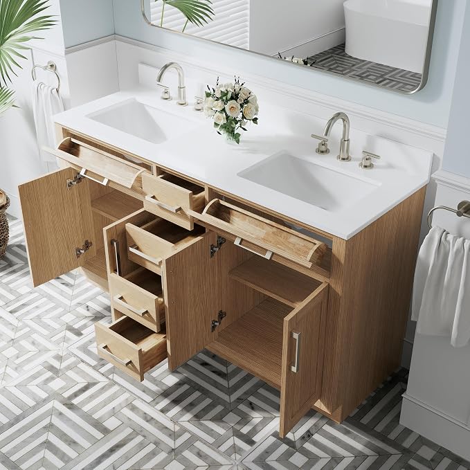 60-Inch Bathroom Vanity with Double Sinks W/ 4 Doors & 4 Drawers & 2 Flip Drawers, Oak Vanity W/Brushed Nickel Handles