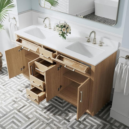 60-Inch Bathroom Vanity with Double Sinks W/ 4 Doors & 4 Drawers & 2 Flip Drawers, Oak Vanity W/Brushed Nickel Handles