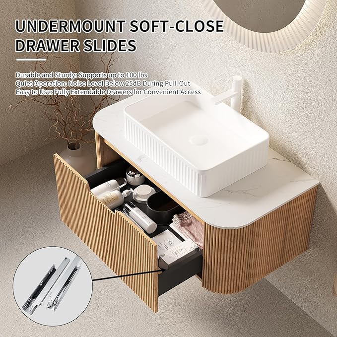 Yayzy 60" Floating Bathroom Vanity with Sink, Solid Wood Fluted Cabinet, White Fluted Square Ceramic Basin & Faux Marble Top, Soft-Close Drawer, Pre-Assembled, Natural Woodgrain