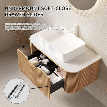 Yayzy 60" Floating Bathroom Vanity with Sink, Solid Wood Fluted Cabinet, White Fluted Square Ceramic Basin & Faux Marble Top, Soft-Close Drawer, Pre-Assembled, Natural Woodgrain