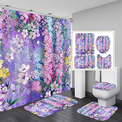 4-Piece Purple Floral Shower Curtain Cute Colorful Flower Bathroom Set with Shower Curtain and Rugs, Pretty Funky Watercolor Cloth Bath Set with Hooks for Farmhouse Home Decor