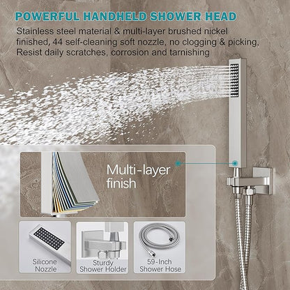 12" Rain Shower System with Handheld & Valve, Brushed Nickel | Wall-Mounted High-Pressure Shower Faucet Combo Set, 12-Inch Rain Shower Head with Handheld Spray,Includes Valve and Trim Kit