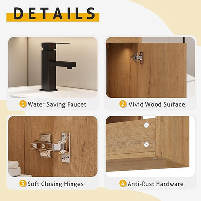 eclife 20" Floating Bathroom Vanity Sink Combo for Small Space, Wall-Mounted Guest Toilet Wash Basin Cabinet with Opening Shelf, Soft Closing Door, Natrual Veneered