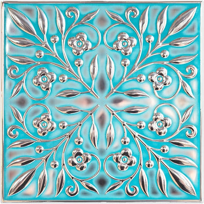 Peel and Stick Metal Tiles, Teal & Silver Leaves, 10-Pack | 8 x 8 in tile size; Covers up to 4.44 sq ft; Aluminum; Water-resistant surface; For kitchens, ceilings, DIY projects