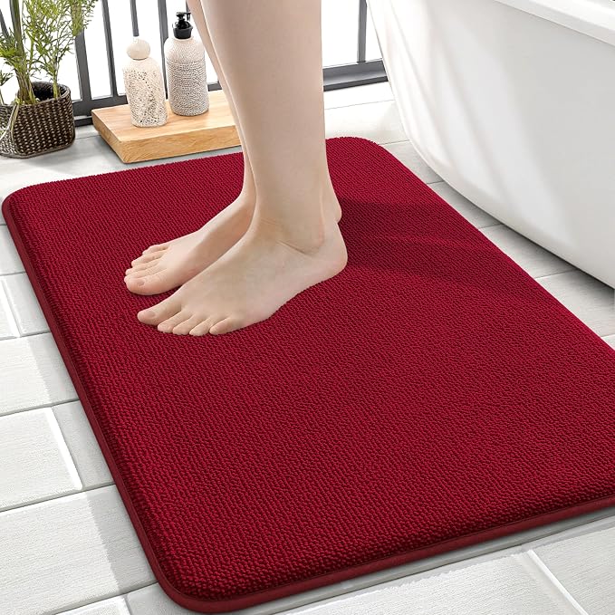 OLANLY Thick Memory Foam Small Bathroom Rug 24x16, Absorbent Bath Mat, Red | Soft Quick Dry Bath Rugs, Non-Slip Carpet, Machine Washable Mat for Bathroom Floor, Tub and Shower, Home Decor Accessories