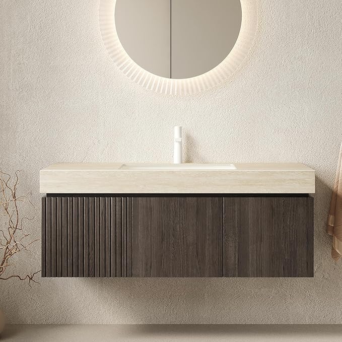 48 Inch Floating Bathroom Vanity with Sink, Wall-Mounted Bathroom Vanity with Drawer and 2 Doors, Roma Travertine-Pattern Countertop and Ceramic Basin, Pre-Assembled,Espresso