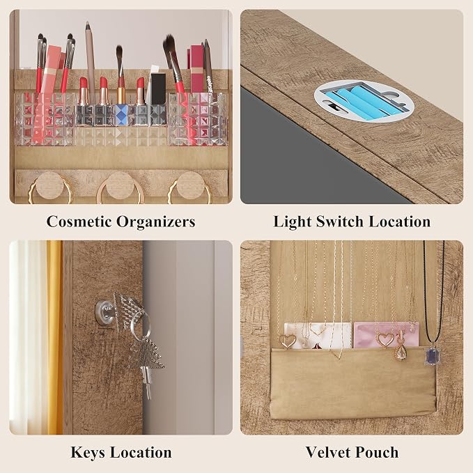 LVSOMT Over the Door Jewelry Organizer with Mirror Door Mirror with Storage | Jewelry Mirror Cabinet with Large Capacity, 6 LED Lights,Velvet Lining, Space-Saving for Bedroom, Cloakroom, Gift Women Girls