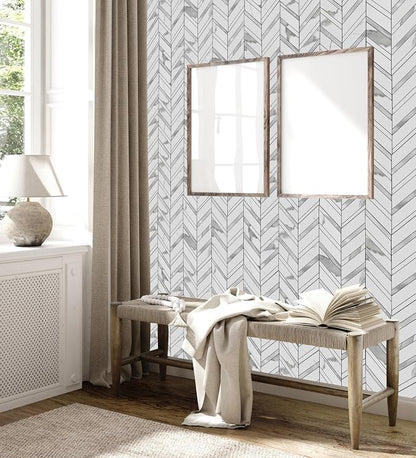 Yipscazo 10 Sheets Herringbone Peel and Stick Backsplash, Marble White Mixed Metal Silver PVC Stick on Tiles for Kitchen, Waterproof Self Adhesive Wall Tiles for Bathroom