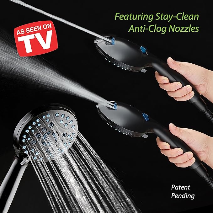 AquaCare High Pressure 8-mode Handheld Shower Head - Anti-clog Nozzles, Built-in Power Wash to Clean Tub, Tile & Pets, Extra Long 6 ft. Stainless Steel Hose, Wall & Overhead Brackets | Stay Clean Nozzles, Dual Power Wash for Tub, Tile & Pets, Long 6 ft...