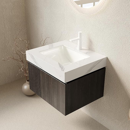 KEIKI 24 Inch Floating Bathroom Vanity with Sink, Espresso & White | Modern Wall Mounted Storage Cabinet with 2 Doors, Pre-assembled Wood Panels, Sintered Stone Top & Ceramic Basin Combo Set