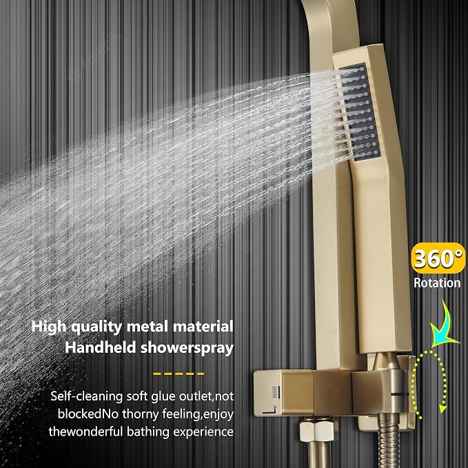 Shower Faucet Set with Tub Spout and 12" Gold Shower Head with Handheld | 12-inch rainhead, 3-function diverter, 304 stainless tub spout, brass pressure balancing shower valve, brushed gold finish