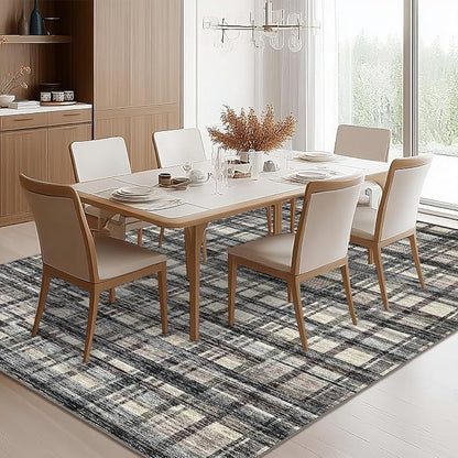 Washable Rugs 9 x 12 Rug for Living Room Plaid Area Rug Non Slip Large Area Rug Soft Non Shedding Throw Rugs Gingham Stain Resistant Carpet for Bedroom Office Dining Room Green/Brown 9'x12'