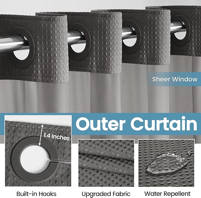 EUTXL Heavyweight Charcoal Grey Stall No Hook Shower Curtain with Snap in Liner,256GSM Waffle Weave Shower Curtains for Bathroom,54W x 80H