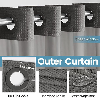 EUTXL Heavyweight Charcoal Grey Stall No Hook Shower Curtain with Snap in Liner,256GSM Waffle Weave Shower Curtains for Bathroom,54W x 80H