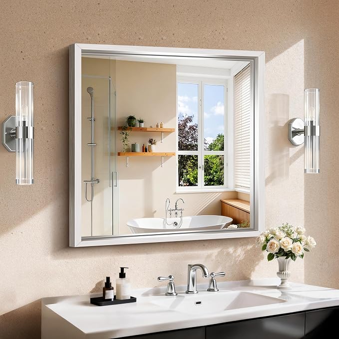 CIRCUMI 30"x30" Brushed Silver Bathroom Mirror, Square Mirror for Vanity | Chunky Box Metal Frame, Shatterproof, Tempered Glass, Bathroom Remodel&New Home,Wall Mirror for Over Sink,Living Room,Hallway