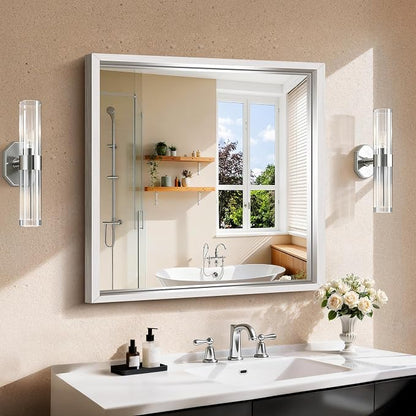 CIRCUMI 30"x30" Brushed Silver Bathroom Mirror, Square Mirror for Vanity | Chunky Box Metal Frame, Shatterproof, Tempered Glass, Bathroom Remodel&New Home,Wall Mirror for Over Sink,Living Room,Hallway