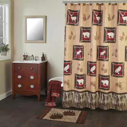 SKL Home Sundance Bath Towel, 100% Cotton, Plaid/Buffalo Check, Red | 500 GSM. Plush & absorbent jacquard. Bear & paw print border is great for Airbnb/cabin/lodge décor.