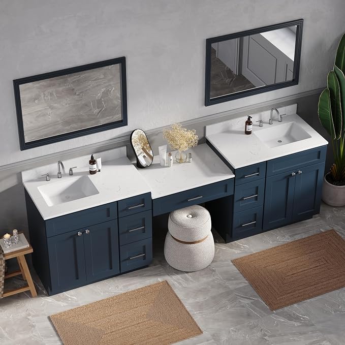 102" Bathroom Vanity with 6 Drawers, Carrara Quartz Top and Ceramic Sink, Shaker Style, Solid Wood Frame, 5 Piece Vanity with 3 Piece Countertop, 103" x 22"x35.25 (Navy Blue)