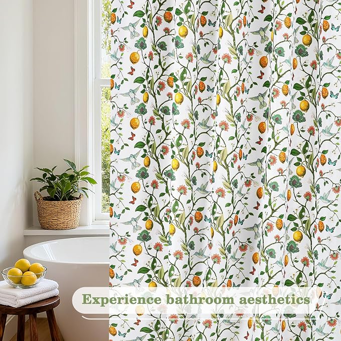 Floral Bird Shower Curtain 72x72, Hummingbird and Lemon Botanical Fabric Bath Curtains, Lightweight Quick-Dry Bathroom Decor Set with Hooks
