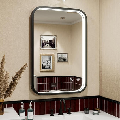 16"x24" Black LED Bathroom Mirror with 3000K/4500K/6000K Lights | Anti-Fog, Stepless Dimmable, Memory Function, Wall Mounted Aluminum Frame Lighted Bathroom Vanity Mirror, ETL Listed