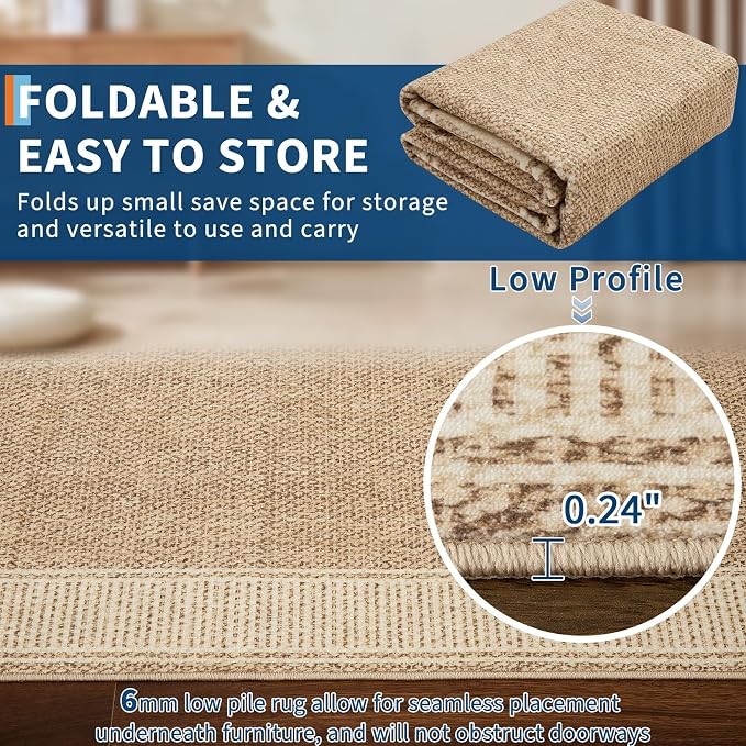 Garvee Modern Bordered Neutral Rugs for Living Room 8x10 Washable Rug Jute | Large Non Slip Low Pile Soft Carpet Foldable Non-Shedding Woven Printed Floor Cover for Bedroom Playroom Nursery Office Dorm