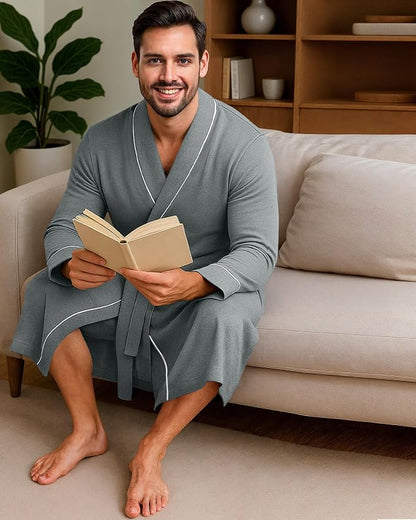 Cotton Blend Lightweight Knit Robe for Men Soft Loungewear Bathrobe
