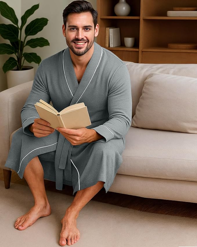 Cotton Blend Lightweight Knit Robe for Men Soft Loungewear Bathrobe