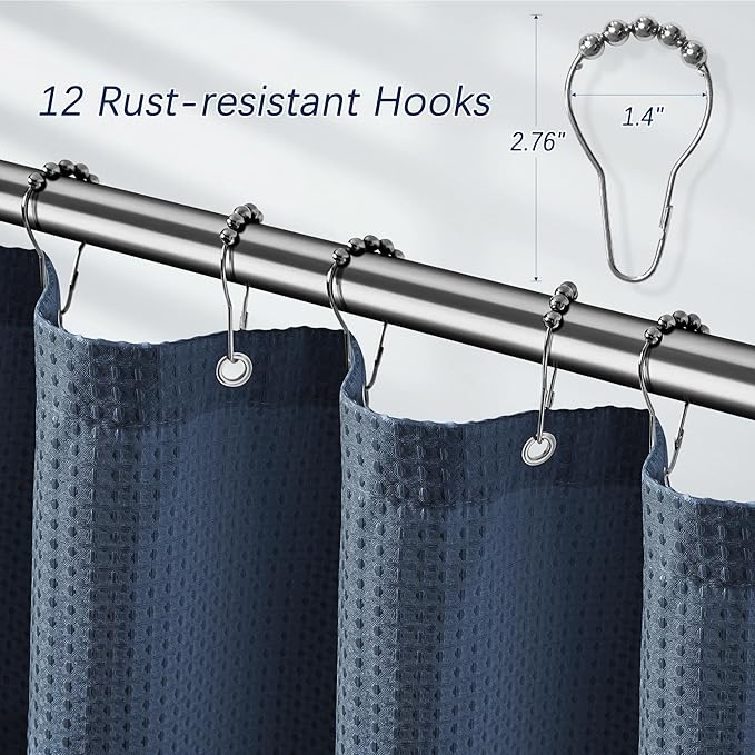 Extra Long Royal Blue Waffle Water Repellent Shower Curtain 96 Inches, 256GSM Heavy Duty Shower Curtain for Bathroom, Hotel Quality Bath Curtain Set with 12 Hooks, 72Wx96H