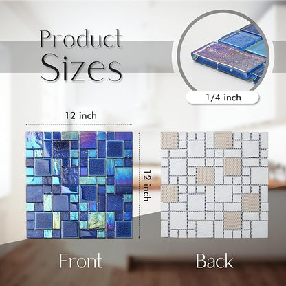 Blue Glass Mosaic Tiles French Pattern Square Mosaics Sheets Iridescent Cobalt Blue Crystal Glass Ceramic Accent Wall Tile for Swimming Pool Kitchen Bathroom Backsplash (5 Square Feet)
