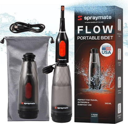 Portable Bidet for Travel & Camping – Electric Gentle Pressure Rechargeable Bidet for Women & Men | 360ML Bottle | 460ML/Min Flow | USB-C | 450mAh Battery | USA Brand – Spray Mate Flow