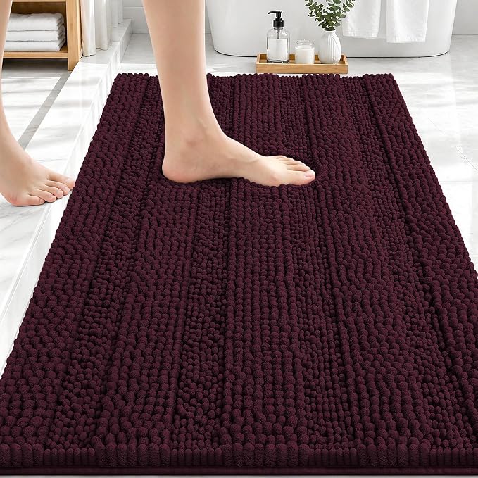 OLANLY Thick Bathroom Rugs 30x20, Chenille Striped Bath Rugs, Black Cherry | Rubber Backing, Machine Wash, Extra Soft Absorbent Bath Mats for Bathroom Floor, Tub and Shower, Home Decor Accessories