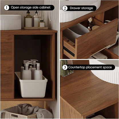 39.4 inch Modern Floating Bathroom Vanity with Sink, Wall Mounted Bathroom Cabinet with Oval Fluted Ceramic Sink, Wood Grain Counter Top, 2 Soft Closing Drawers & Open Storage Shelf, Walnut