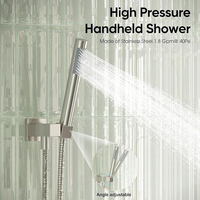 Esnbia Shower System with Tub Spout, Wall Mounted Bathtub Shower Faucet Set, 10 Inch Rain Shower Head and Handheld Shower Head Set, High Pressure Tub Shower Kit with Shower Valve, Brushed Nickel