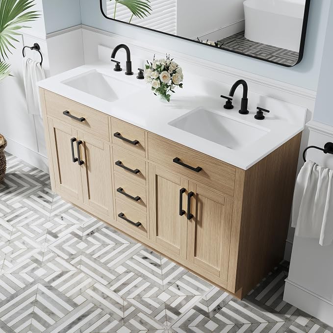 60-Inch Bathroom Vanity with Double Sinks W/ 4 Doors & 4 Drawers & 2 Flip Drawers, Oak Vanity W/Matte Black Handles