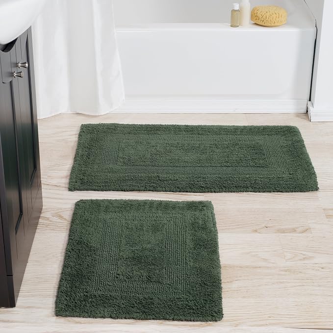 Bathroom Rugs - 2-Piece Cotton Bathroom Mat Set - Machine Washable Bath Mats for Bathroom, Kitchen, or Laundry Room by Lavish Home (Green)