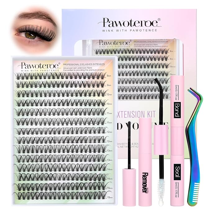 Lash Extension Kit DIY 280pcs Individual Lash Clusters Kit 30D Cluster Eyelash Extensions Kit with Lash Bond and Seal, Lash Remover, Lash Tweezers for Self Use (30D, 8-15mm, All Kit)