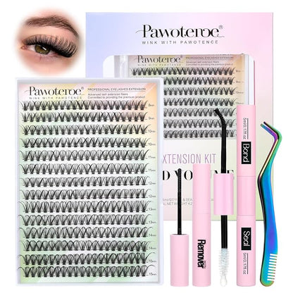 Lash Extension Kit DIY 280pcs Individual Lash Clusters Kit 30D Cluster Eyelash Extensions Kit with Lash Bond and Seal, Lash Remover, Lash Tweezers for Self Use (30D, 8-15mm, All Kit)