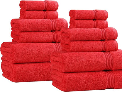 SUPERIOR Egyptian Cotton 12-Piece Towel Set, Assorted Towels for Home Bathroom, Master, Guest Bath, Decor Essentials, Includes 4 Bath, 4 Hand, 4 Face Towels/Washcloths, Quick Dry, Absorbent, Red