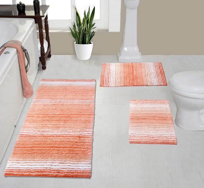 Home Weavers 100% Cotton Gradiation Collection Bathroom Décor | Washable Rug | Bathroom Mat | Kitchen Mat | Bathroom Rug Set | Bath Mat Set | Bath Floor Mat Non Slip, 3 Piece Set with Runner, Coral