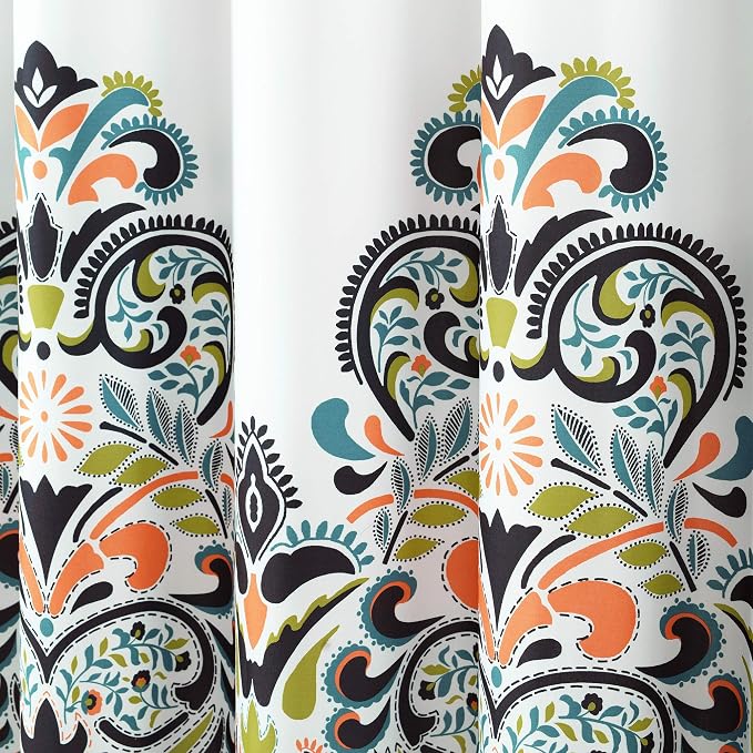 Lush Decor Navy and Tangerine Clara Shower Curtain-Fabric Colorful Boho Paisley Damask Print Design, 72 x 72