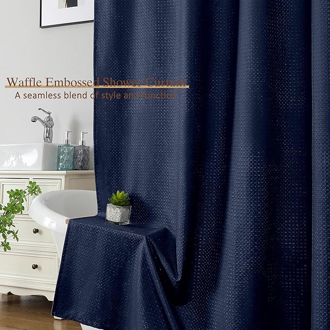 Extra Long Navy Blue Shower Curtain 96 Inch Long 1 Piece, Waffle Embossed Textured Fabric Shower Curtain for Bathroom Large Hotel, Water Resistant, Machine Washable, 72Wx96L Inches
