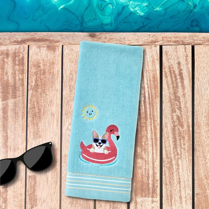 SKL Home Floating Corgi Hand Towel 2pc Set for Bath/Kitchen/Bar & Gift, Aqua