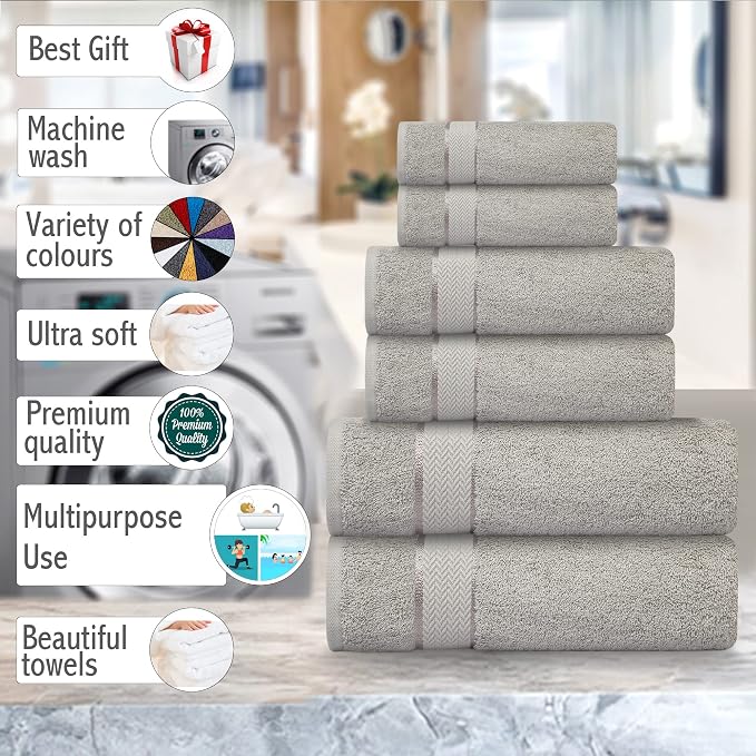6 Piece 100% Cotton Bath Towel Set - 2 Bath - 2 Hand - 2 Face, Grey | 100% Cotton • Thick & Plush • Hotel Quality • Ultra Soft • Highly Absorbent • Quick Dry • Low Lint • Machine Washable