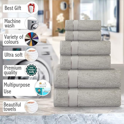 6 Piece 100% Cotton Bath Towel Set - 2 Bath - 2 Hand - 2 Face, Grey | 100% Cotton • Thick & Plush • Hotel Quality • Ultra Soft • Highly Absorbent • Quick Dry • Low Lint • Machine Washable