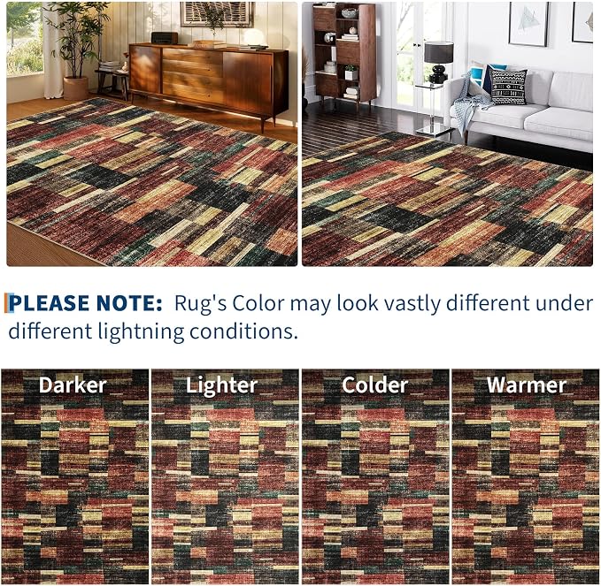 Washable Area Rug 9x12 Rug for Living Room Geometric Modern Bedroom Rug Red Large Area Rug Non Slip Throw Rugs Soft Low Pile Stain Resistant Carpet for Dorm Nursery Dining Room 9'x12'